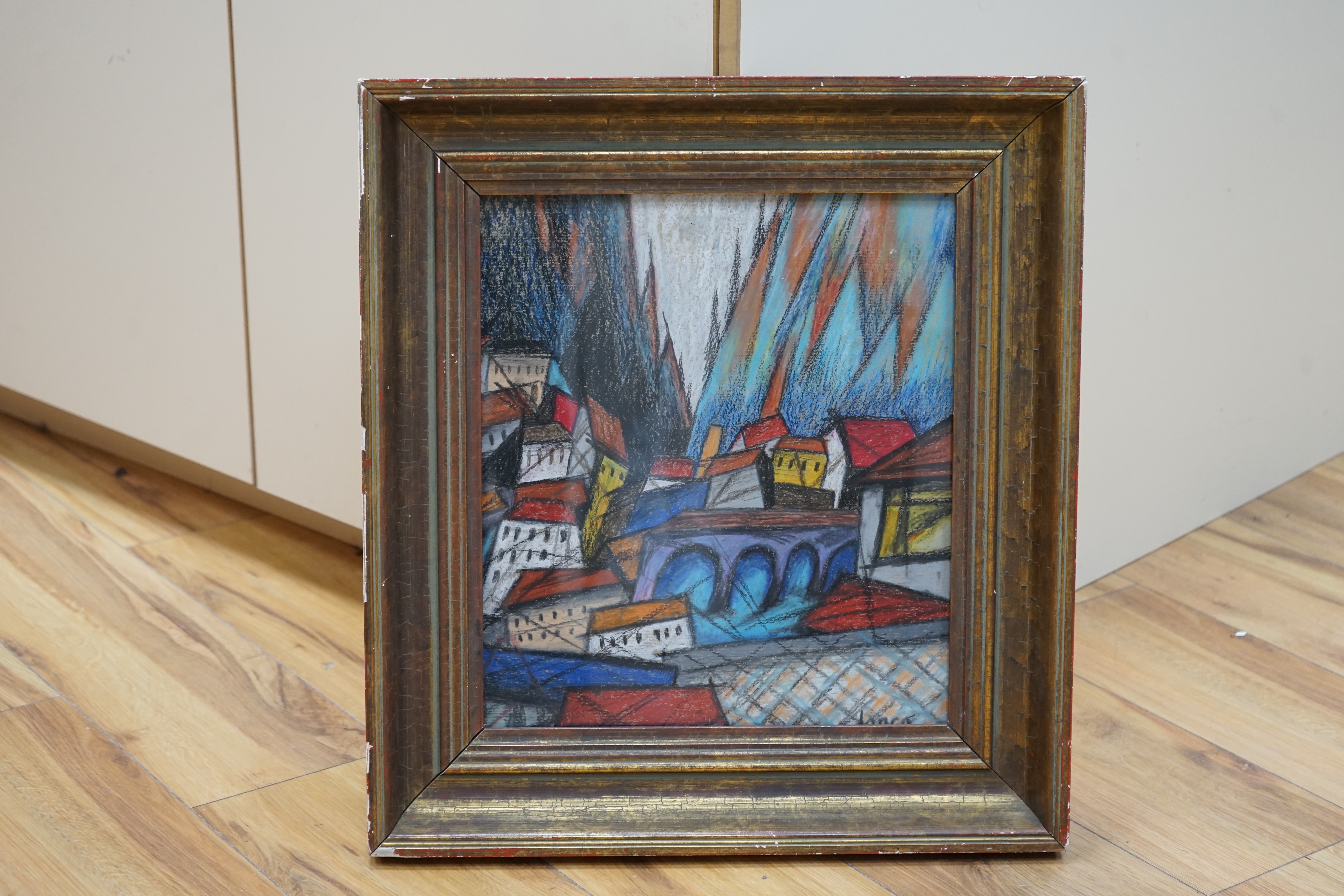 After Marcel Janco (1895-1984), crayon, Abstract cityscape, 35 x 30cm